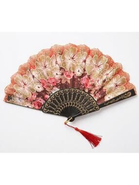 Vintage Floral Lace Hand Fan Gold Sparkle Elegant Spanish Folding Fan Red Tassel